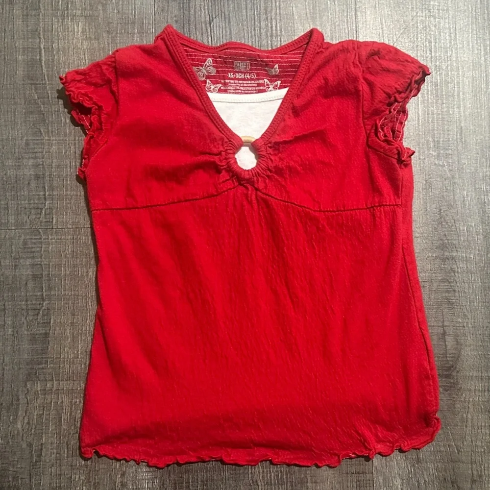 💞 Little Girls Size 4 - 5 (XS) Red & White Faux Layered Top